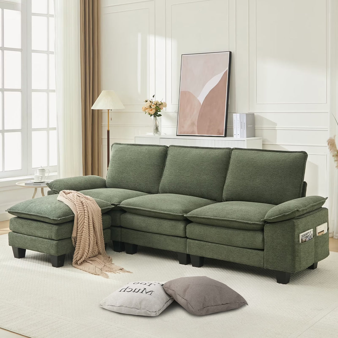 BRILHAMEZ 107"Modern L-Shaped Sectional Sofa with Movable Ottoman 4 Seat Cloud Sofa Modular Corduroy Deep Seat Couches for Living Room for Living Room, Apartment, Brown