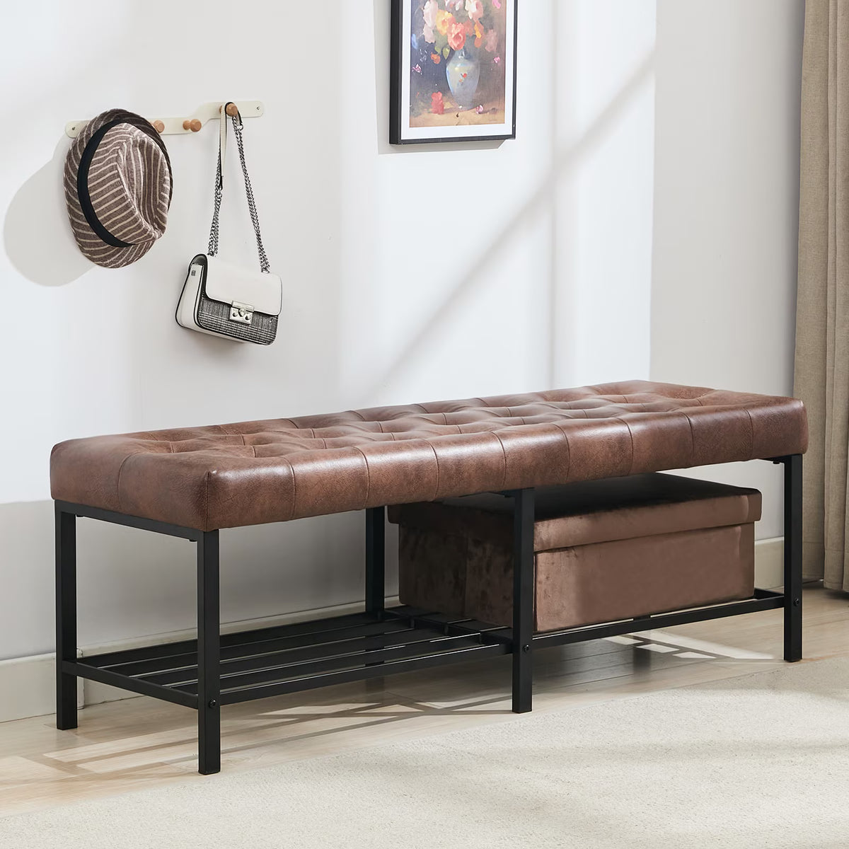 BRILHAMEZ 55"Wide Upholstered Bench Bed End Bench with Storage Box Iron Frame Shoe Bench for Bedroom Living Room Entryway,Dark Brown