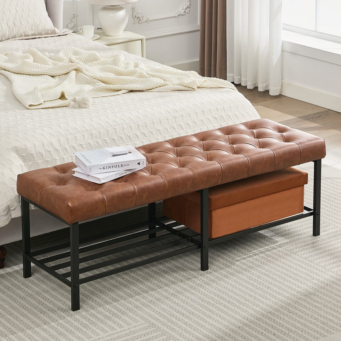 BRILHAMEZ 55"Wide Upholstered Bench Bed End Bench with Storage Box Iron Frame Shoe Bench for Bedroom Living Room Entryway,Dark Brown