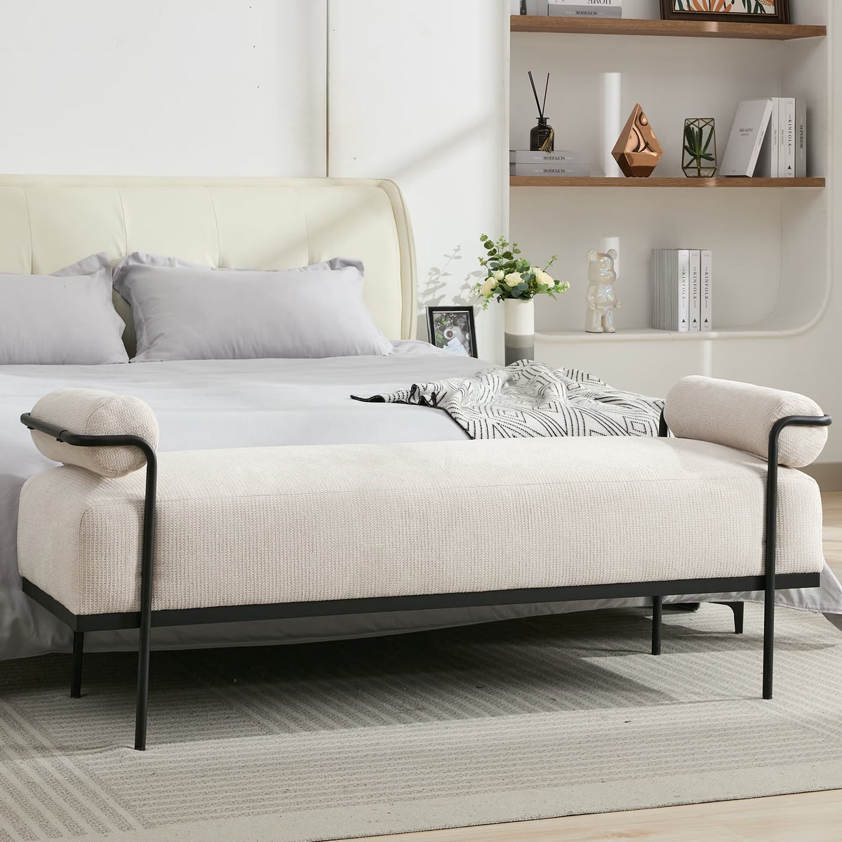 BRILHAMEZ 61" Long Upholstered End of Bed Bench, Modern Chenille Entryway Shoe Bench with Black Metal Legs for Bedroom and Living Room