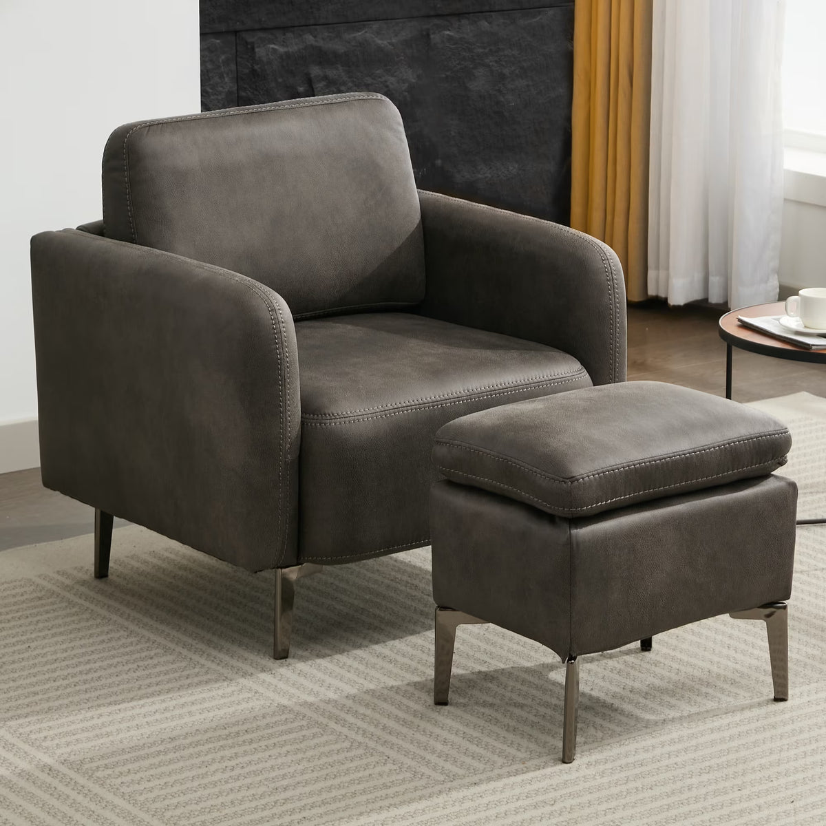 BRILHAMEZ Accent Chair with Ottoman Set, Faux Leather Single Armchair for Living Room Bedroom Reading Office,Gray