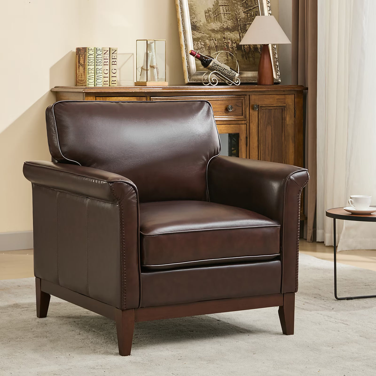 BRILHAMEZ Genuine Leather Accent Armchair with Adjustable Legs for Living Room Reading Office,Dark Brown