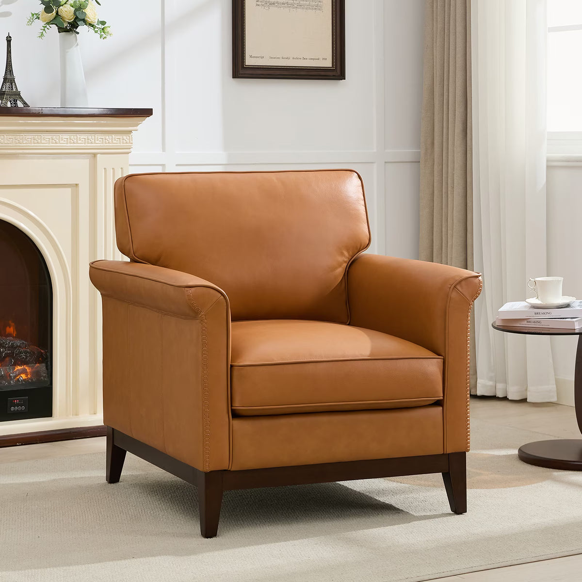 BRILHAMEZ Genuine Leather Accent Armchair with Adjustable Legs for Living Room Reading Office,Dark Brown