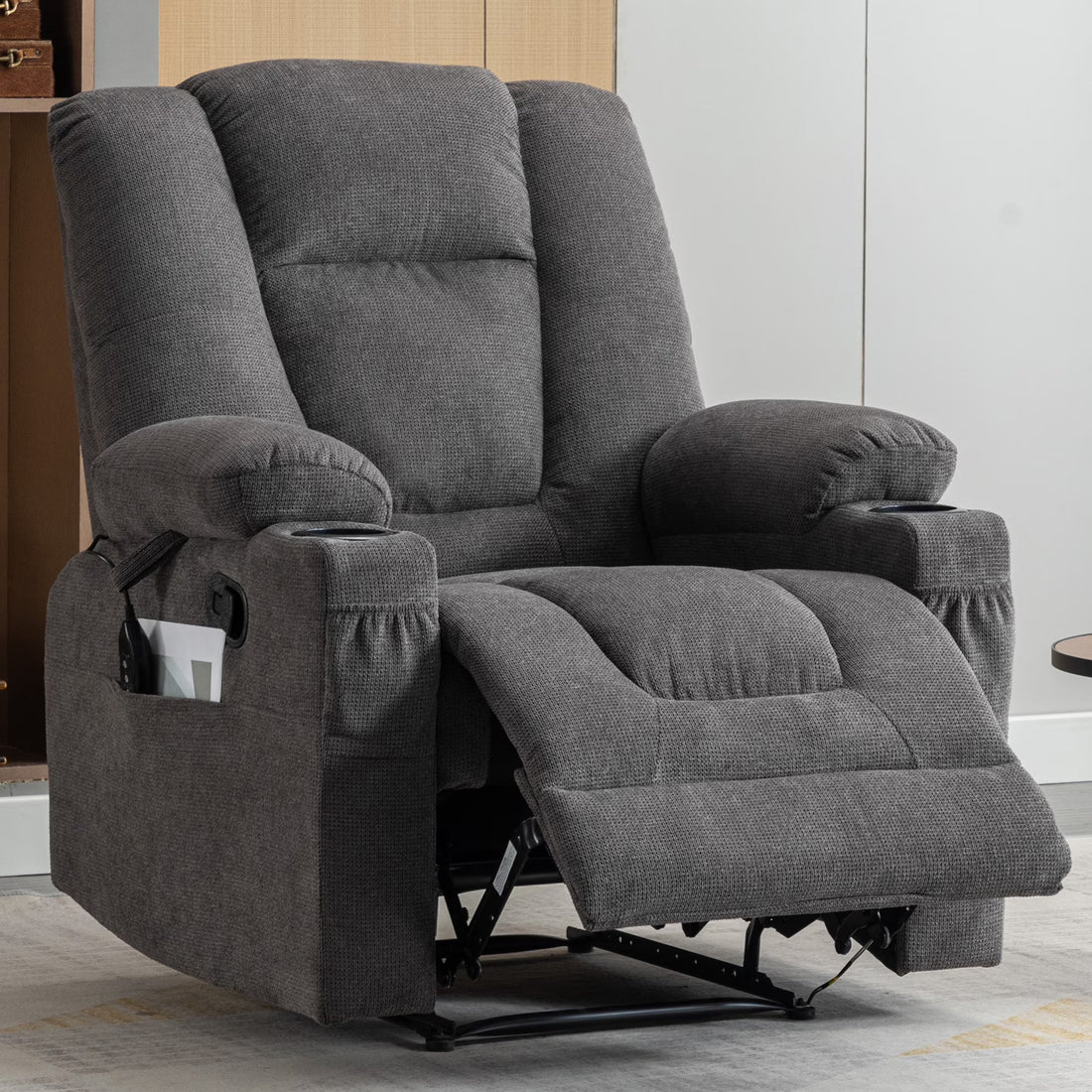 BRILHAMEZ Manual Recliner with Heating and Massage Functions Features Cup Holders and Side Storage Pockets Ideal for Bedrooms and Living Rooms Chenille Fabric for Soft Comfort,Brown
