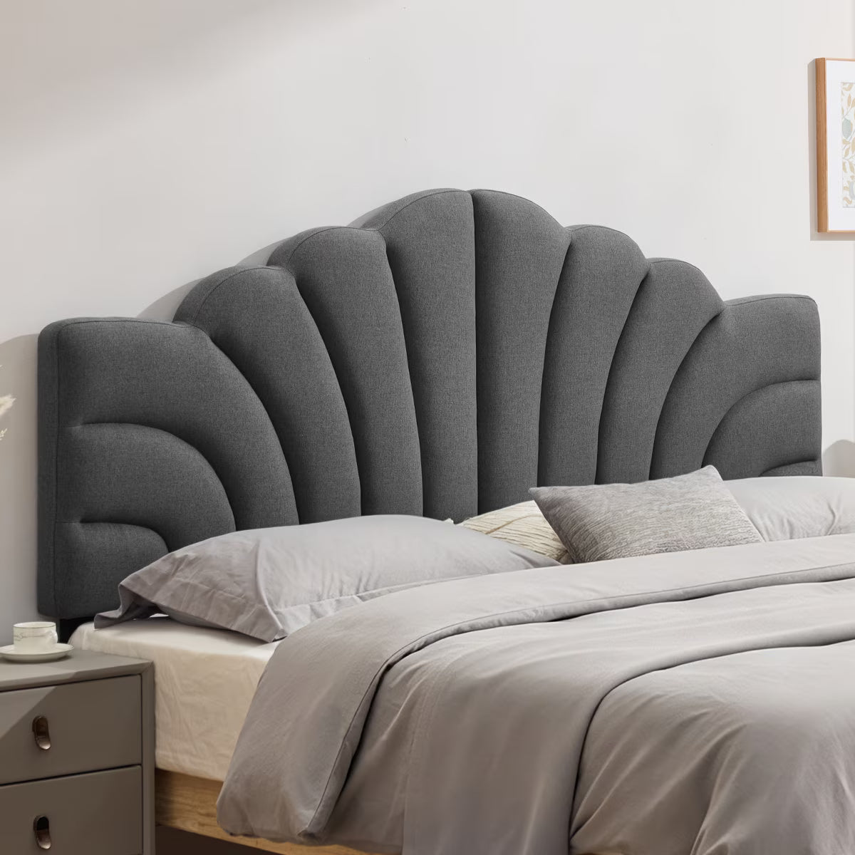 BRILHAMEZ Upholstered Full/Queen Headboard with Petal Design Adjustable Height and Width Linen Fabric,Khaki