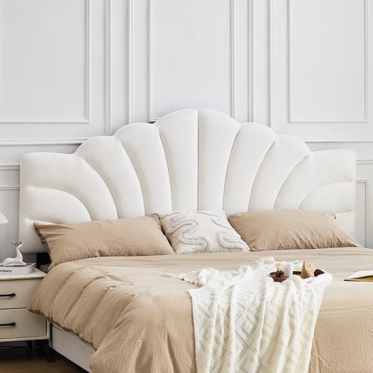 BRILHAMEZ Upholstered Full/Queen Headboard with Petal Design Adjustable Height and Width Linen Fabric,Khaki