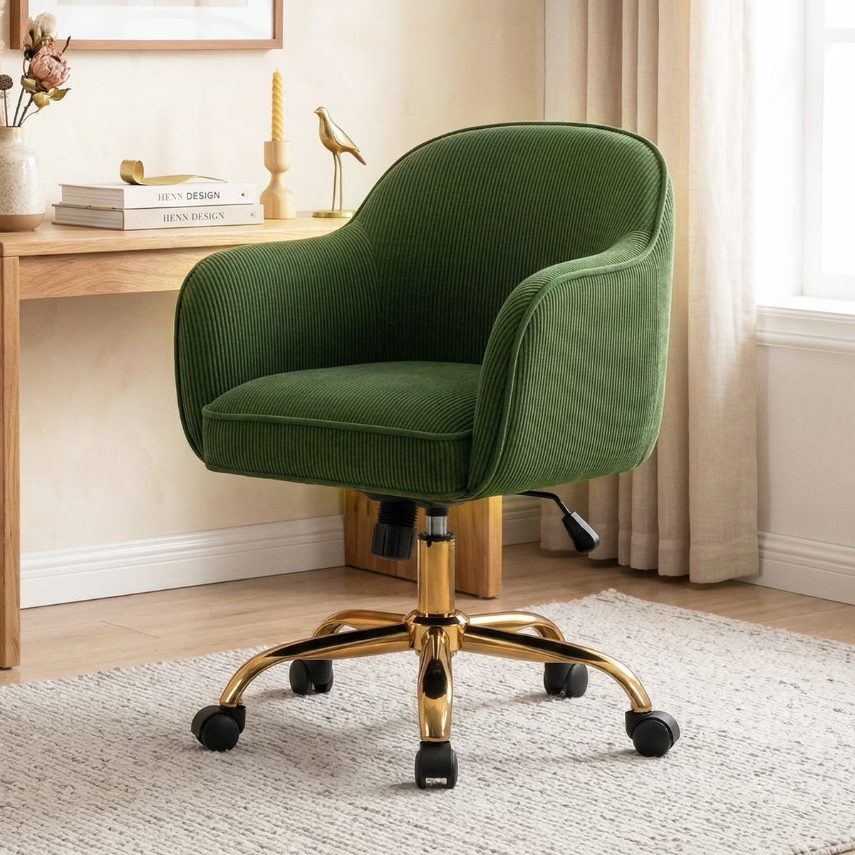JURANYAZHU Velvet Office Chair, Ergonomic Desk Chair with Adjustable Height, 360° Swivel, Padded Armrests for Home Office, Green