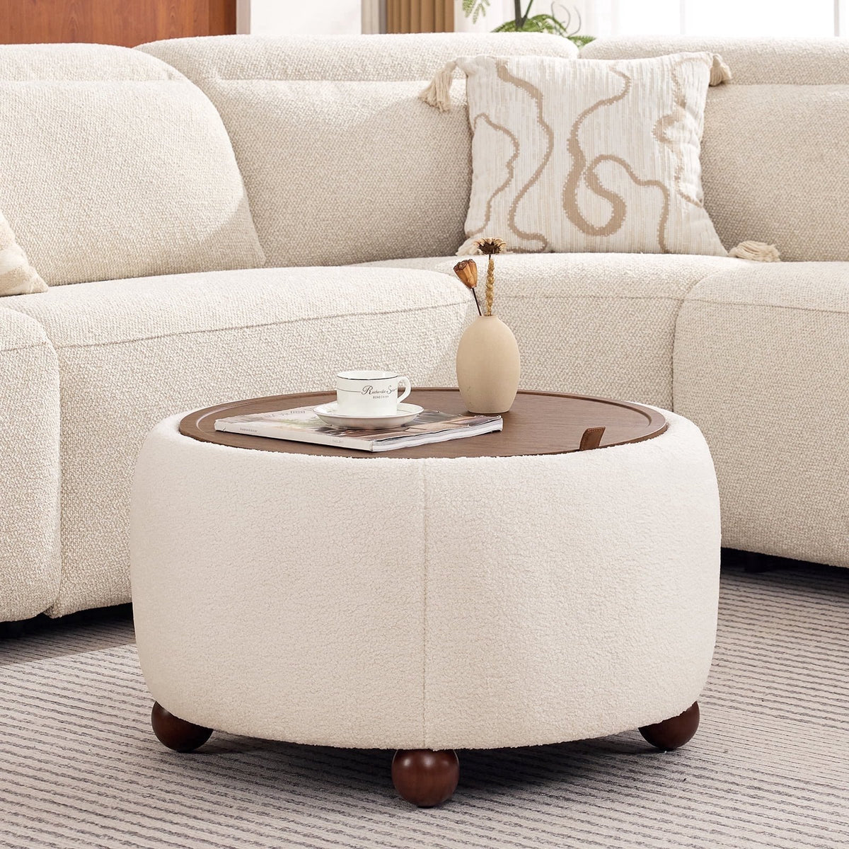 BRILHAMEZ Round Storage Ottoman with Reversible Wooden Tray, Modern Upholstered Footstool & Small Coffee Table with Hidden Compartment
