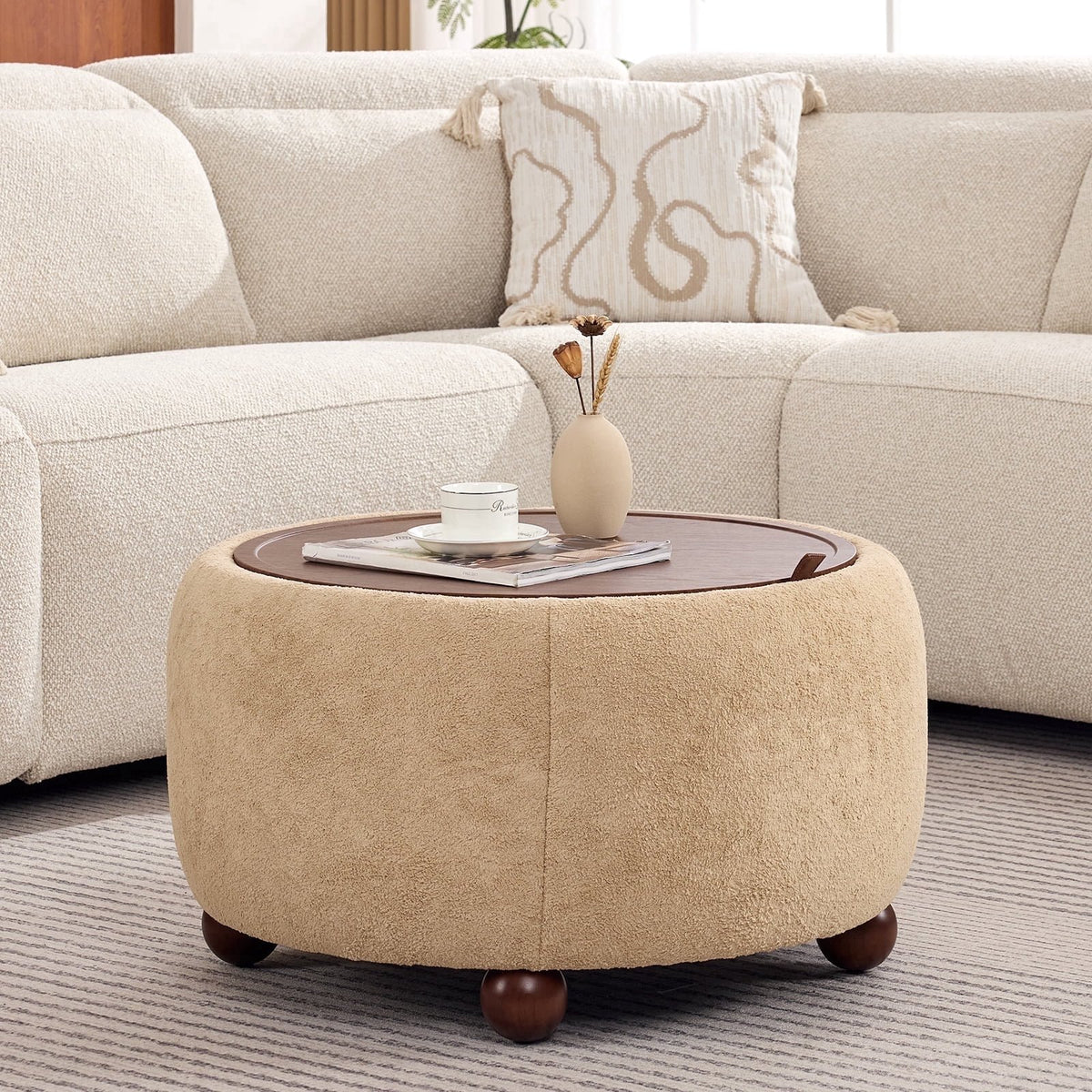 BRILHAMEZ Round Storage Ottoman with Reversible Wooden Tray, Modern Upholstered Footstool & Small Coffee Table with Hidden Compartment