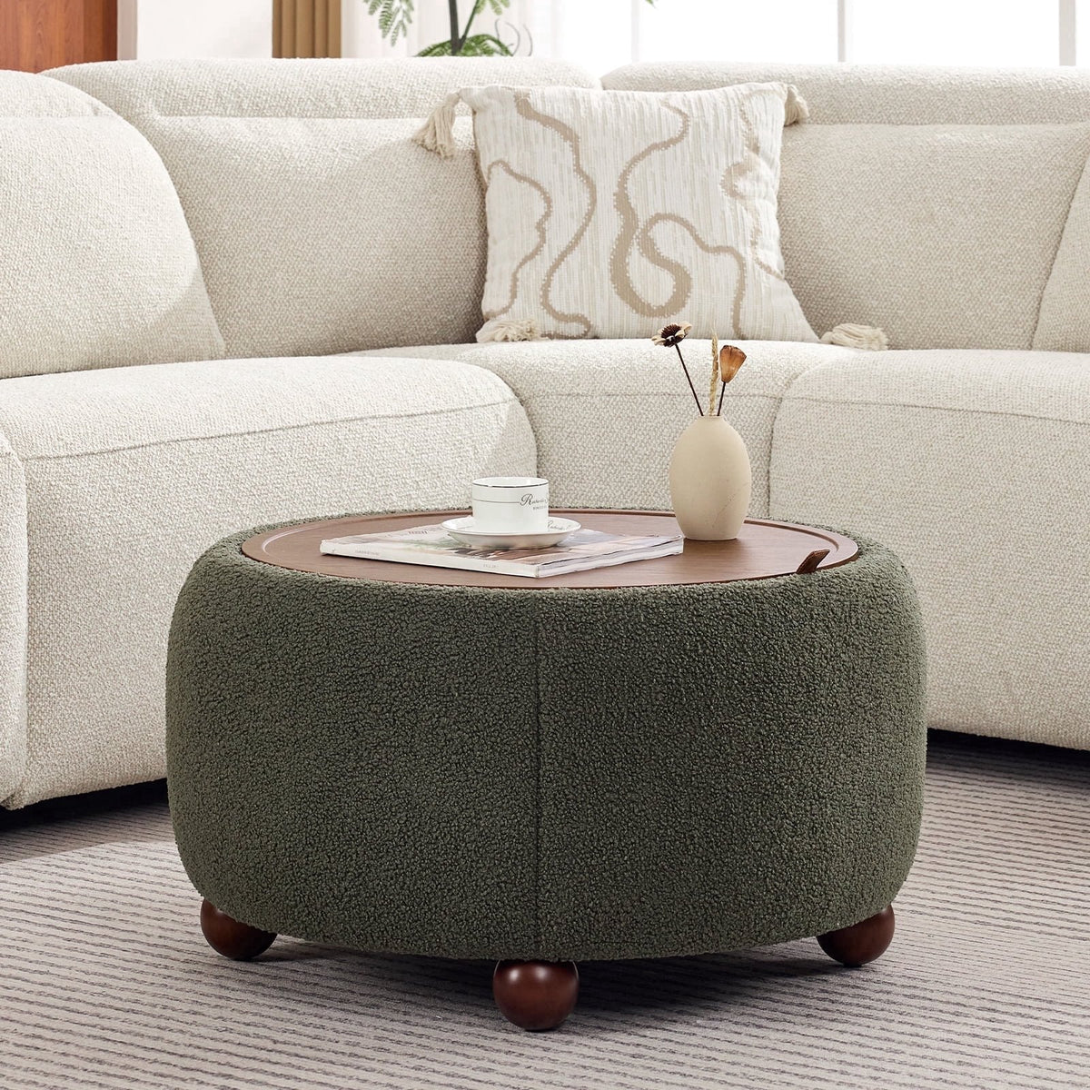 BRILHAMEZ Round Storage Ottoman with Reversible Wooden Tray, Modern Upholstered Footstool & Small Coffee Table with Hidden Compartment