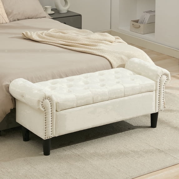 BRILHAMEZ 50" Button Tufted Storage Bench with Armrests, Upholstered Ottoman with Nailhead Trim for End of Bed, Entryway and Living Room