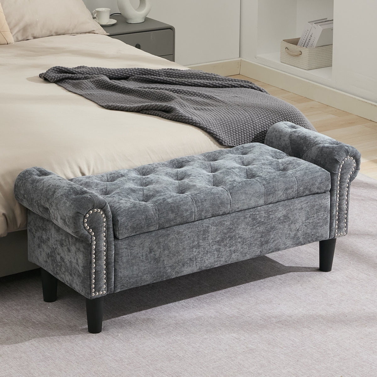 BRILHAMEZ 50" Button Tufted Storage Bench with Armrests, Upholstered Ottoman with Nailhead Trim for End of Bed, Entryway and Living Room