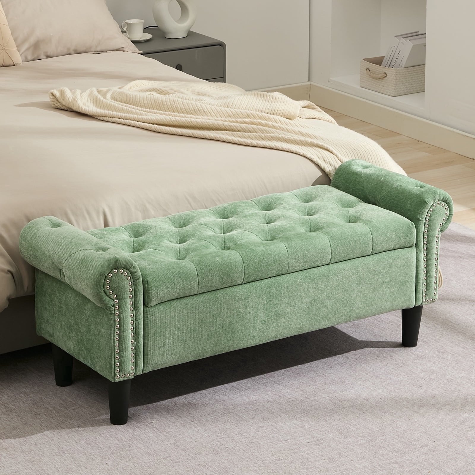 BRILHAMEZ 50" Button Tufted Storage Bench with Armrests, Upholstered Ottoman with Nailhead Trim for End of Bed, Entryway and Living Room