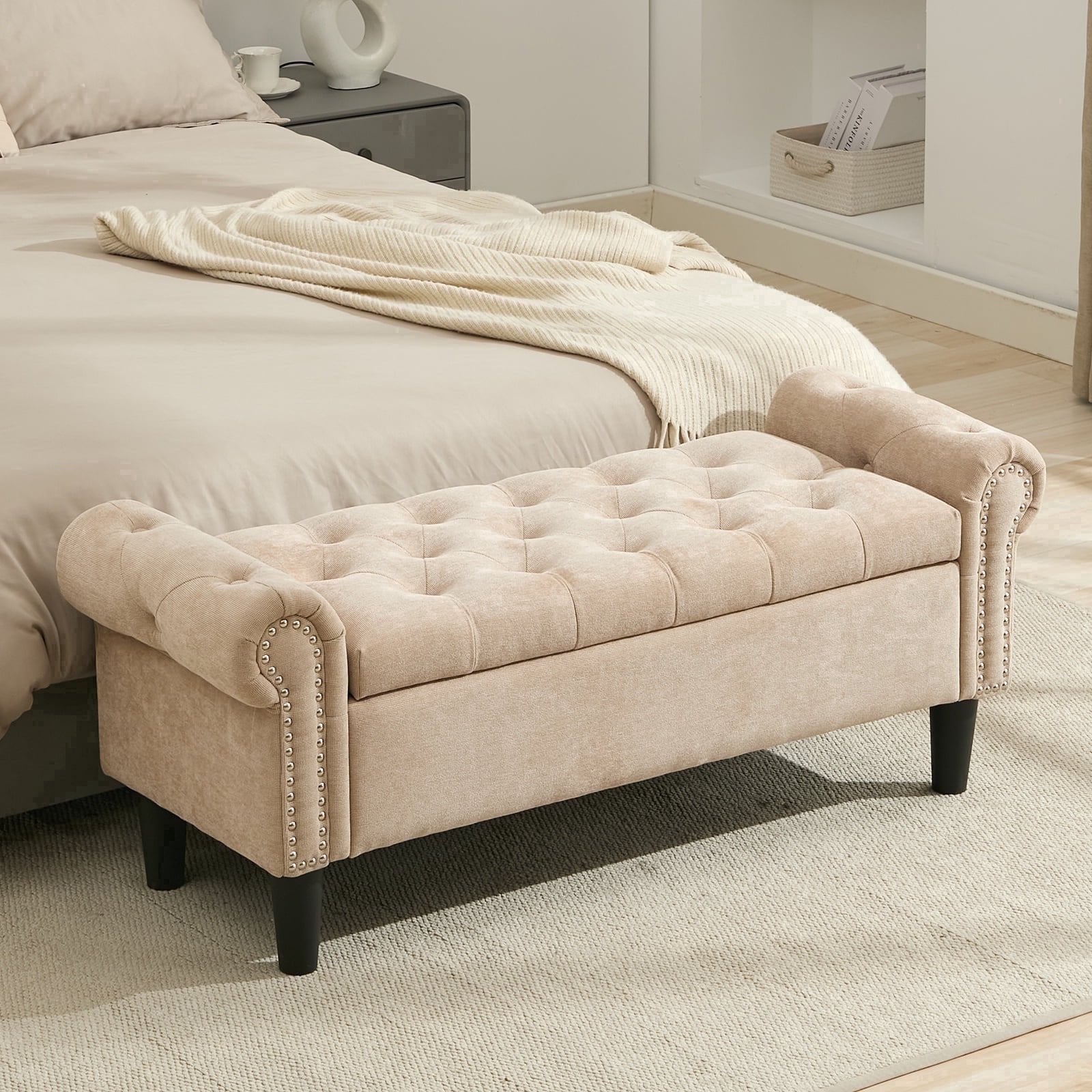 BRILHAMEZ 50" Button Tufted Storage Bench with Armrests, Upholstered Ottoman with Nailhead Trim for End of Bed, Entryway and Living Room