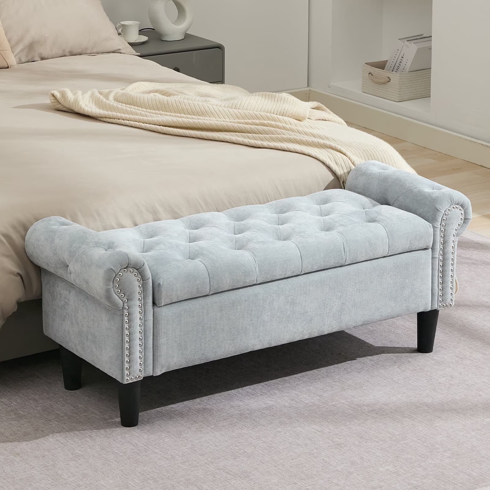 BRILHAMEZ 50" Button Tufted Storage Bench with Armrests, Upholstered Ottoman with Nailhead Trim for End of Bed, Entryway and Living Room