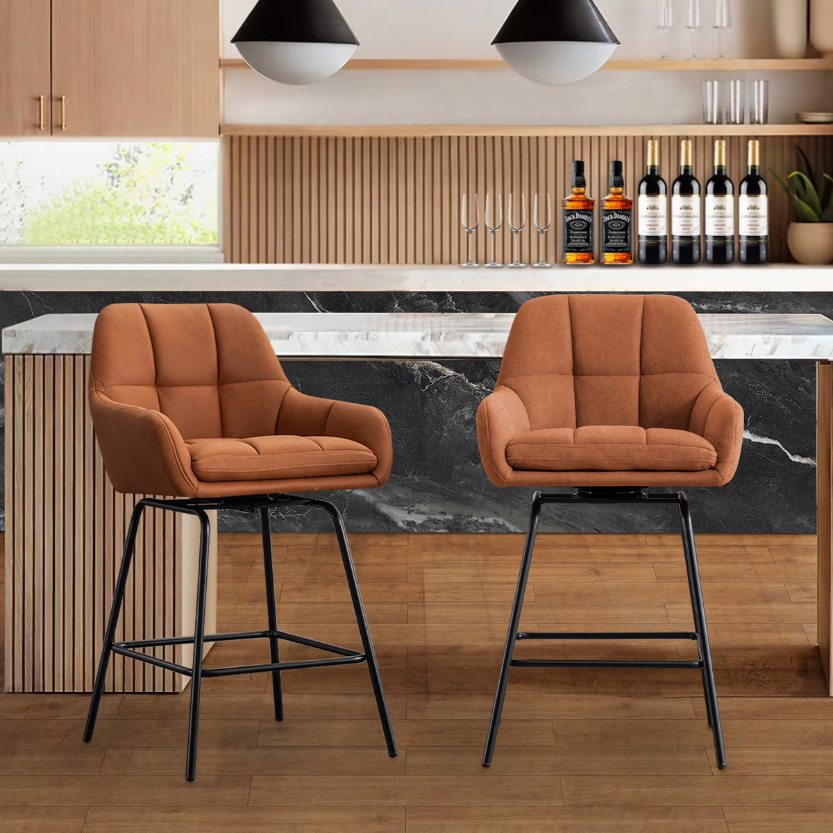 BRILHAMEZ Swivel Bar Stools Set of 2 Faux Leather 26.3 Inches High Mid-Century Barstools with Backrest,Gray