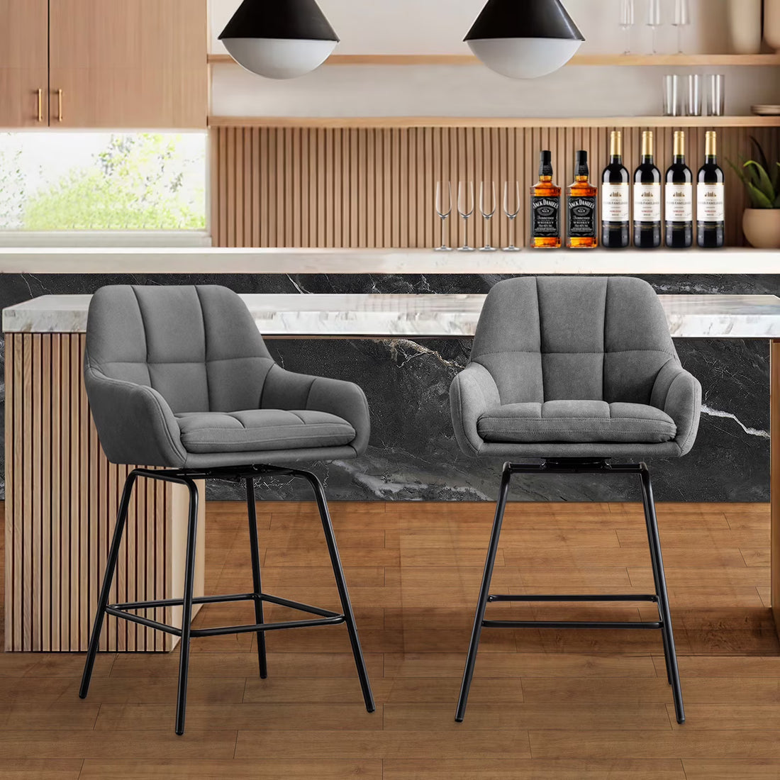 BRILHAMEZ Swivel Bar Stools Set of 2 Faux Leather 26.3 Inches High Mid-Century Barstools with Backrest,Gray