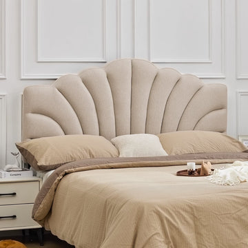 BRILHAMEZ Upholstered Full/Queen Headboard with Petal Design Adjustable Height and Width Linen Fabric,Khaki