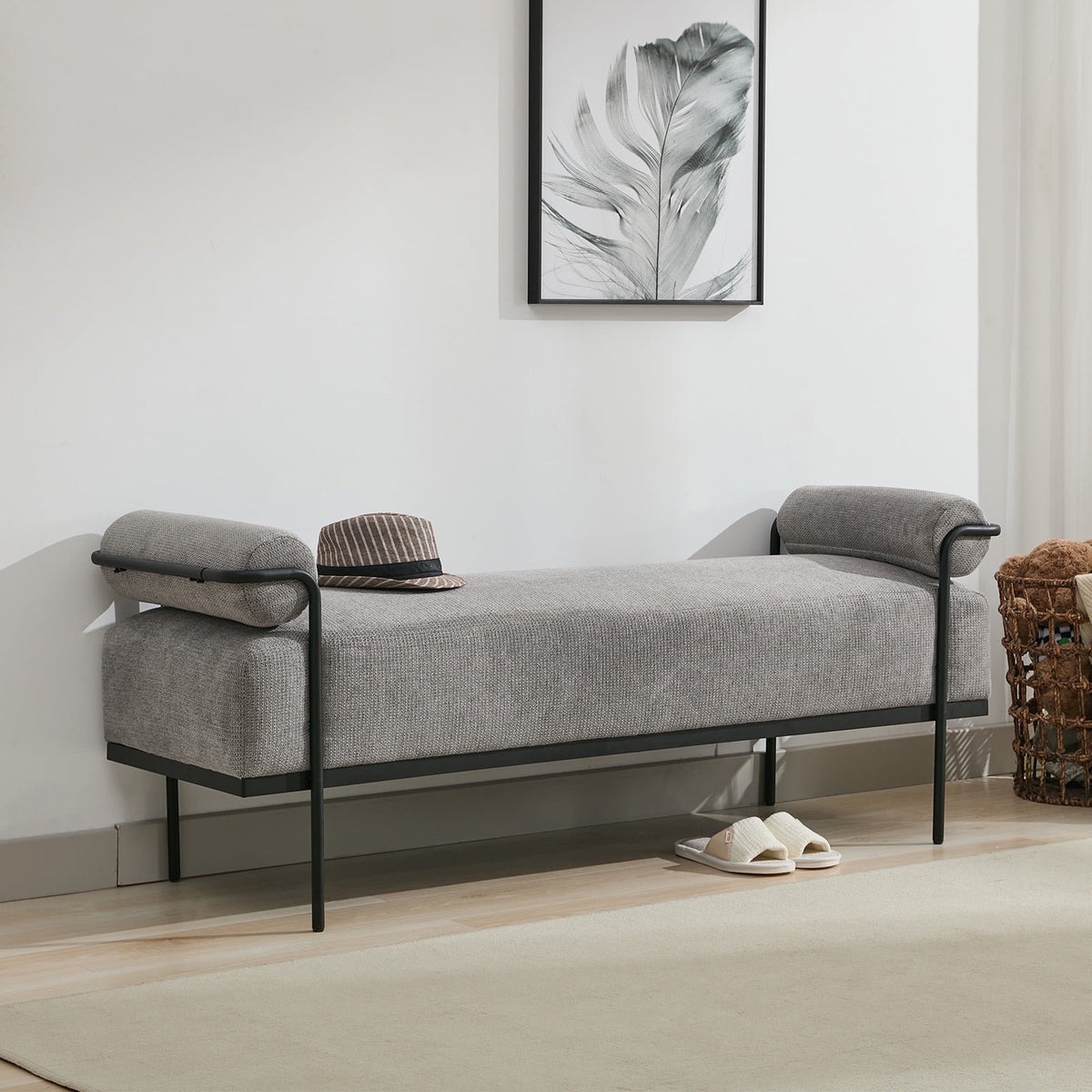 BRILHAMEZ 61" Long Upholstered End of Bed Bench, Modern Chenille Entryway Shoe Bench with Black Metal Legs for Bedroom and Living Room