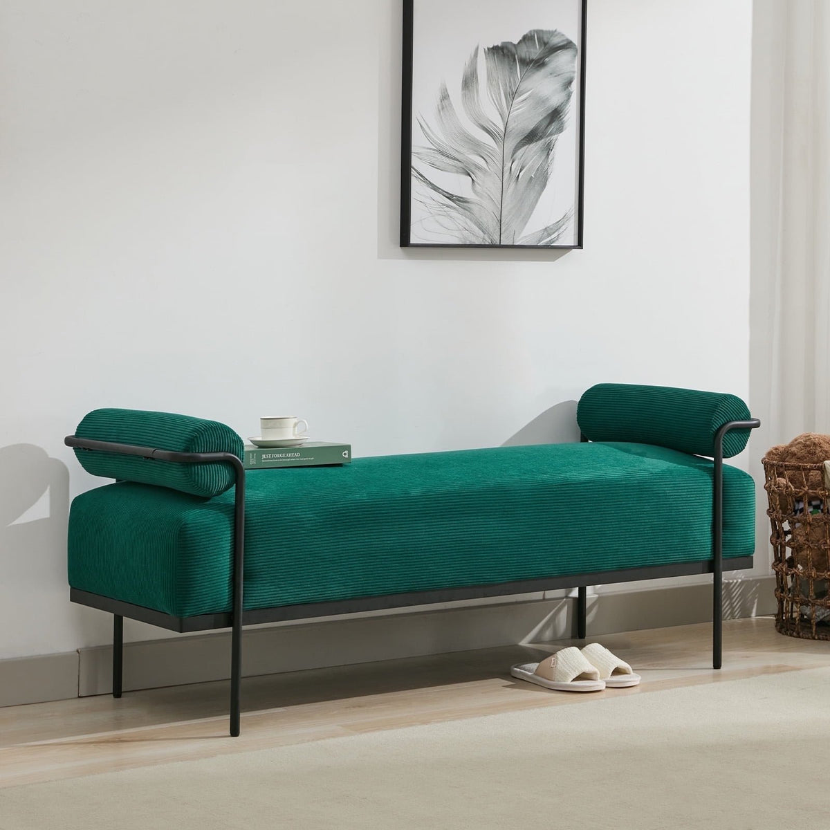 BRILHAMEZ 61" Long Upholstered End of Bed Bench, Modern Chenille Entryway Shoe Bench with Black Metal Legs for Bedroom and Living Room