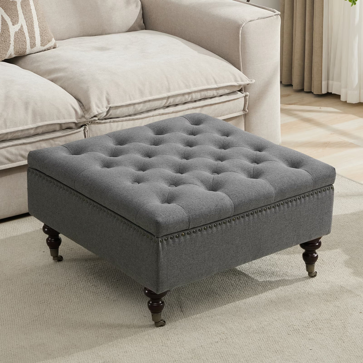 BRILHAMEZ Storage Ottoman Bench, Tufted Upholstered Seat with Hidden Storage, Multi-Functional Coffee Table and Foot Rest for Living Room, Gray