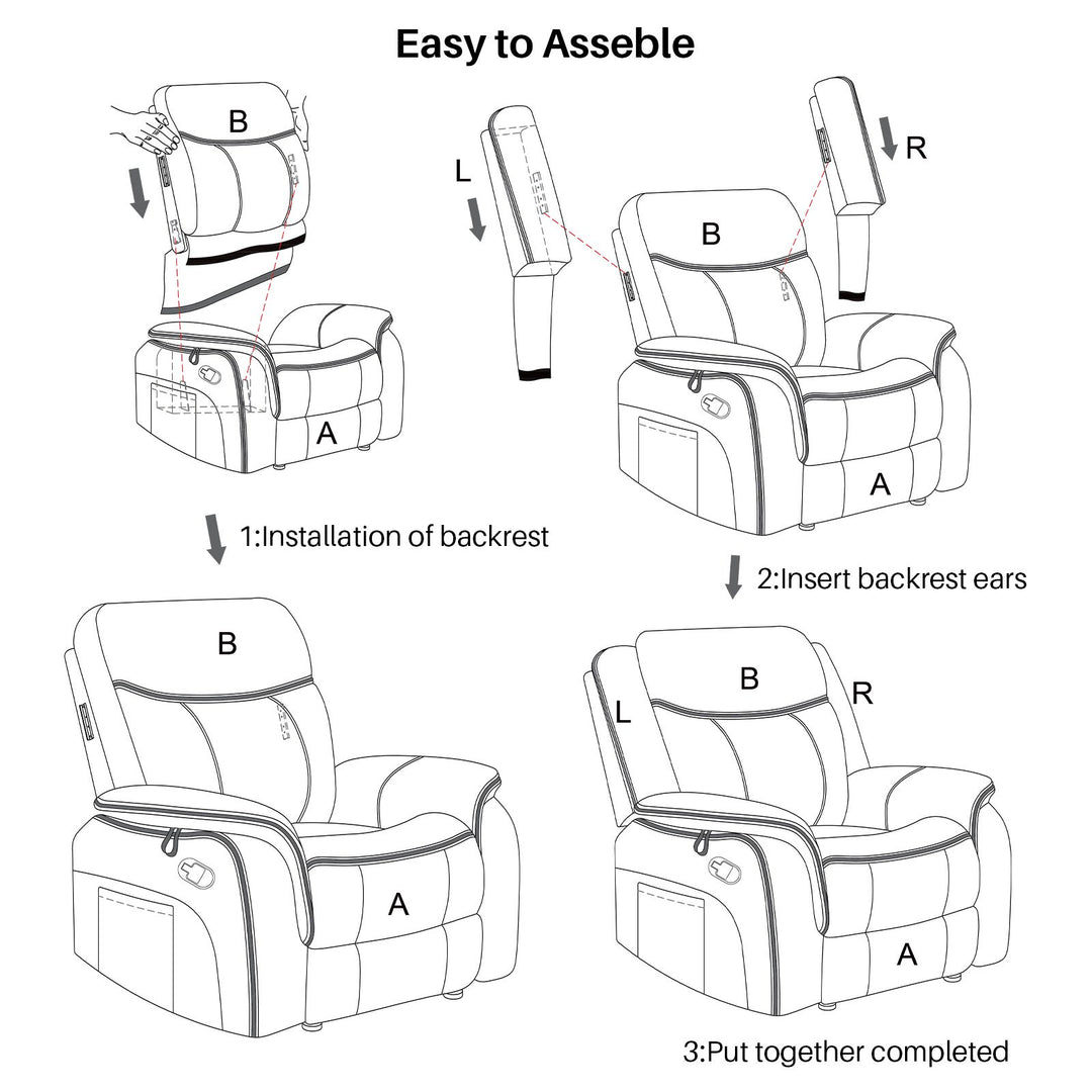 BRILHAMEZ 38 "Wide Manual Recliner, Adult Single Sofawith Heating and Massage, Leatherette Fabric, Suitable for Living Room and Bedroom,Gray