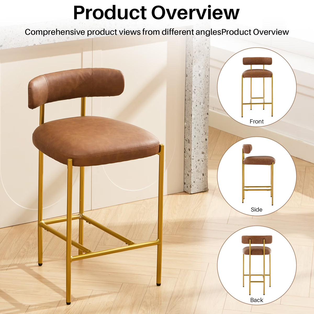 BRILHAMEZ Bar Stools Set of 2 with Backrest and Footrest Modern Gold Metal Frame Bar Stools for Kitchen Counter Bars and Cafes,Beige