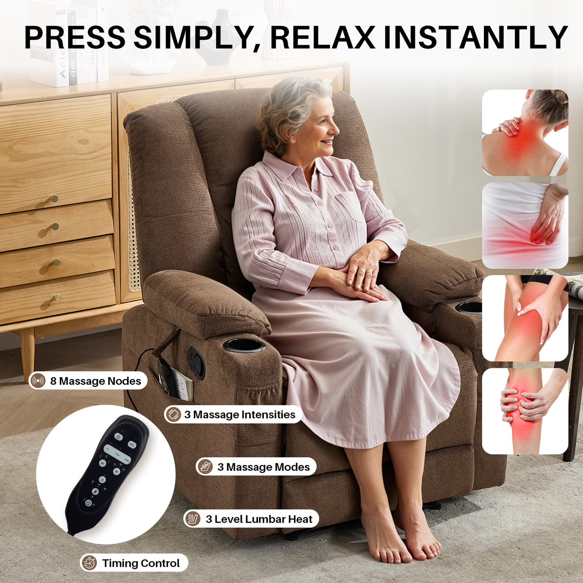 BRILHAMEZ Manual Recliner with Heating and Massage Functions Features Cup Holders and Side Storage Pockets Ideal for Bedrooms and Living Rooms Chenille Fabric for Soft Comfort,Brown