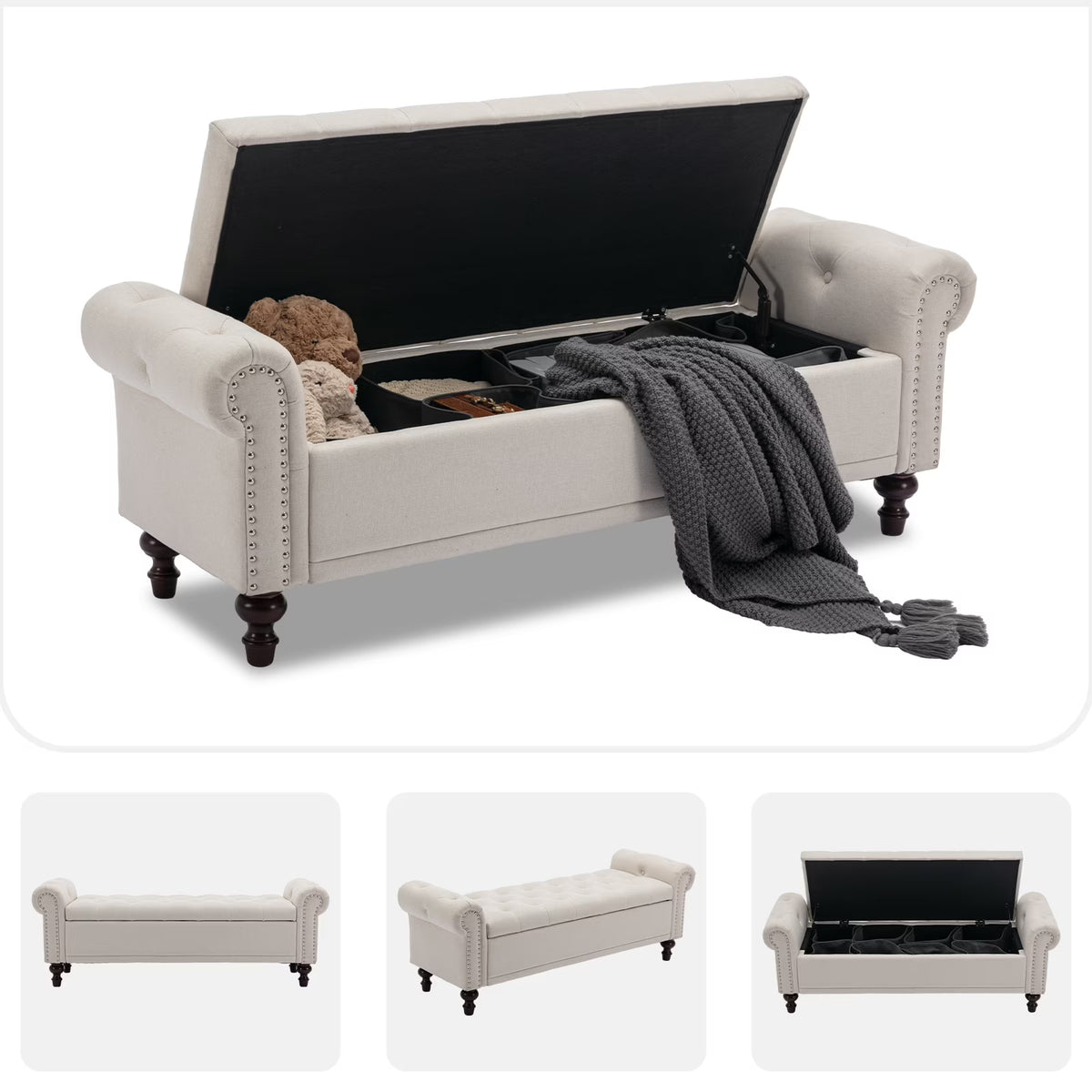 BRILHAMEZ 58" Button Tufted Storage Bench with Rolled Arms, Linen Upholstered Ottoman with Nailhead Trim for End of Bed