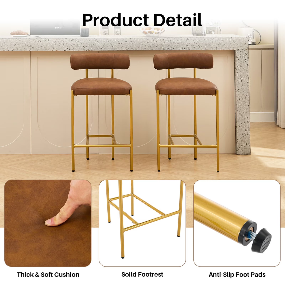 BRILHAMEZ Bar Stools Set of 2 with Backrest and Footrest Modern Gold Metal Frame Bar Stools for Kitchen Counter Bars and Cafes,Beige