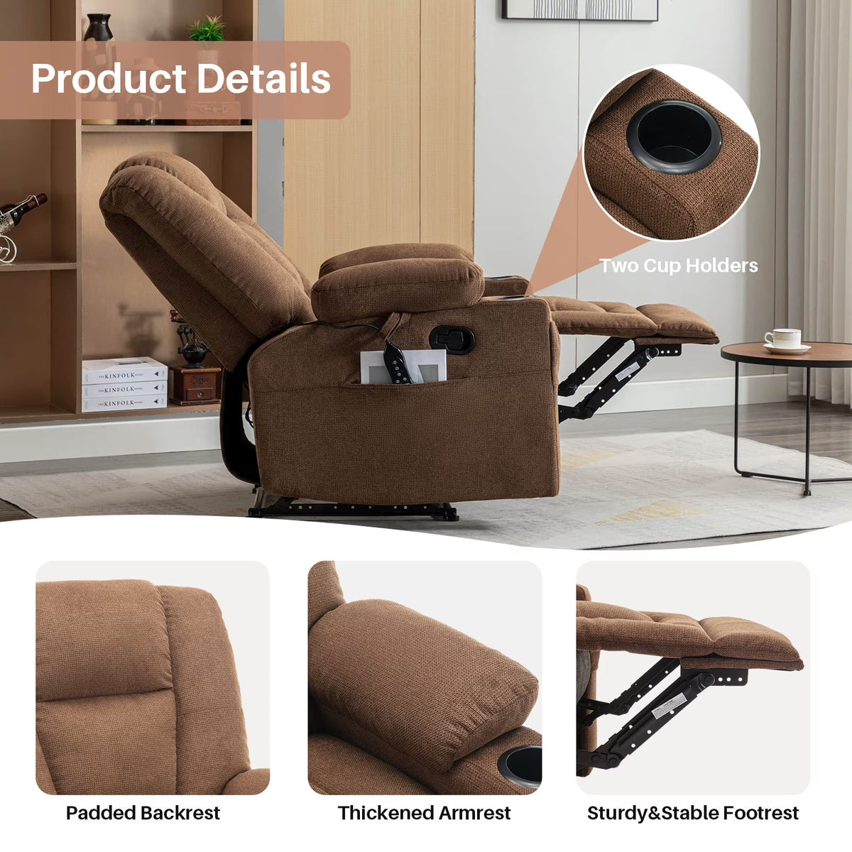 BRILHAMEZ Manual Recliner with Heating and Massage Functions Features Cup Holders and Side Storage Pockets Ideal for Bedrooms and Living Rooms Chenille Fabric for Soft Comfort,Brown