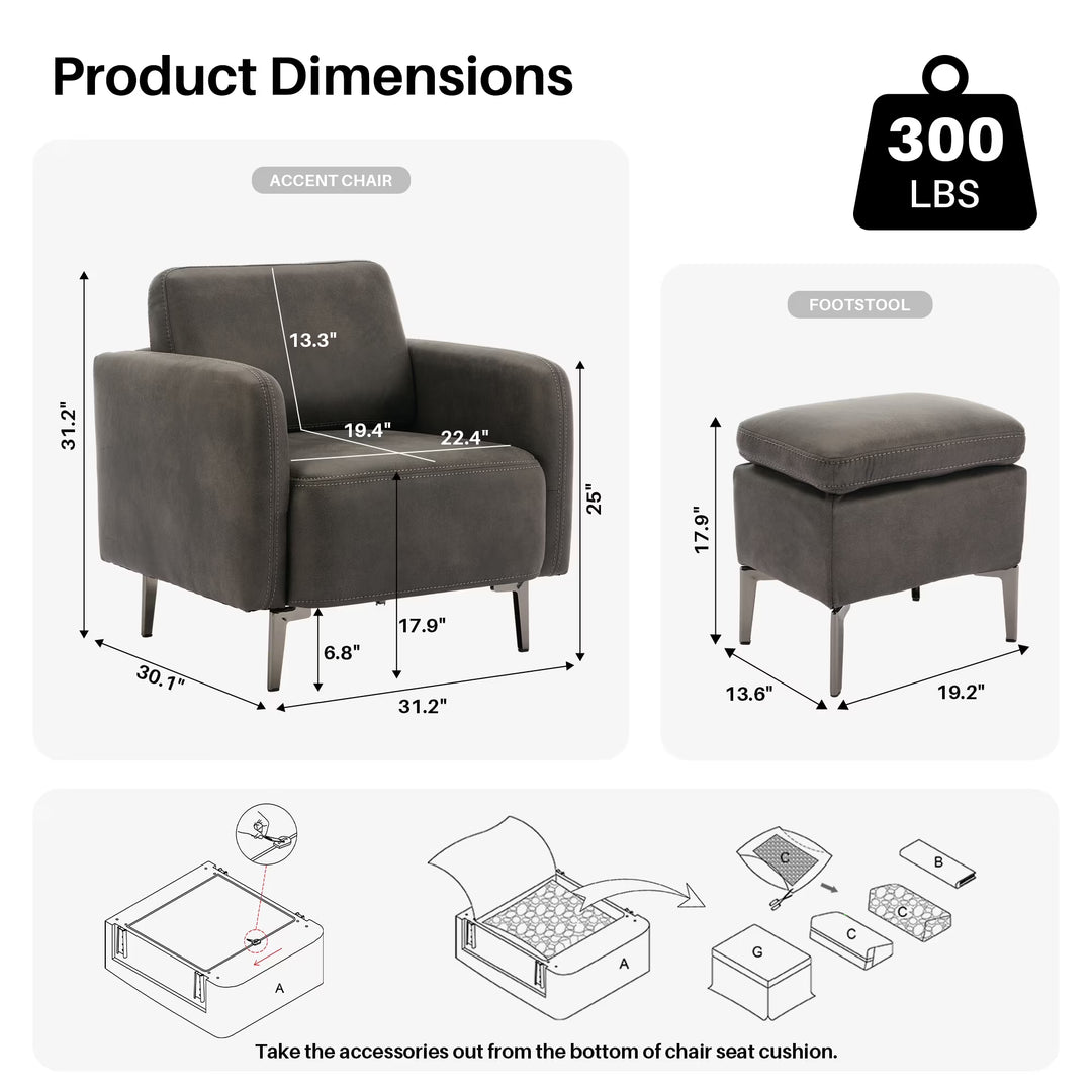BRILHAMEZ Accent Chair with Ottoman Set, Faux Leather Single Armchair for Living Room Bedroom Reading Office,Gray
