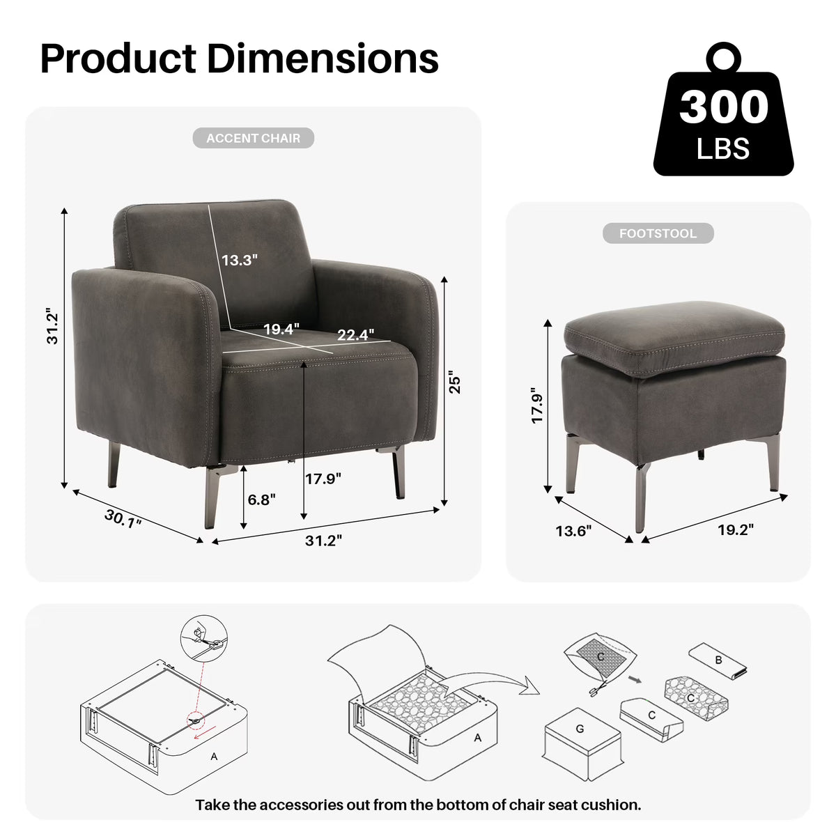 BRILHAMEZ Accent Chair with Ottoman Set, Faux Leather Single Armchair for Living Room Bedroom Reading Office,Gray