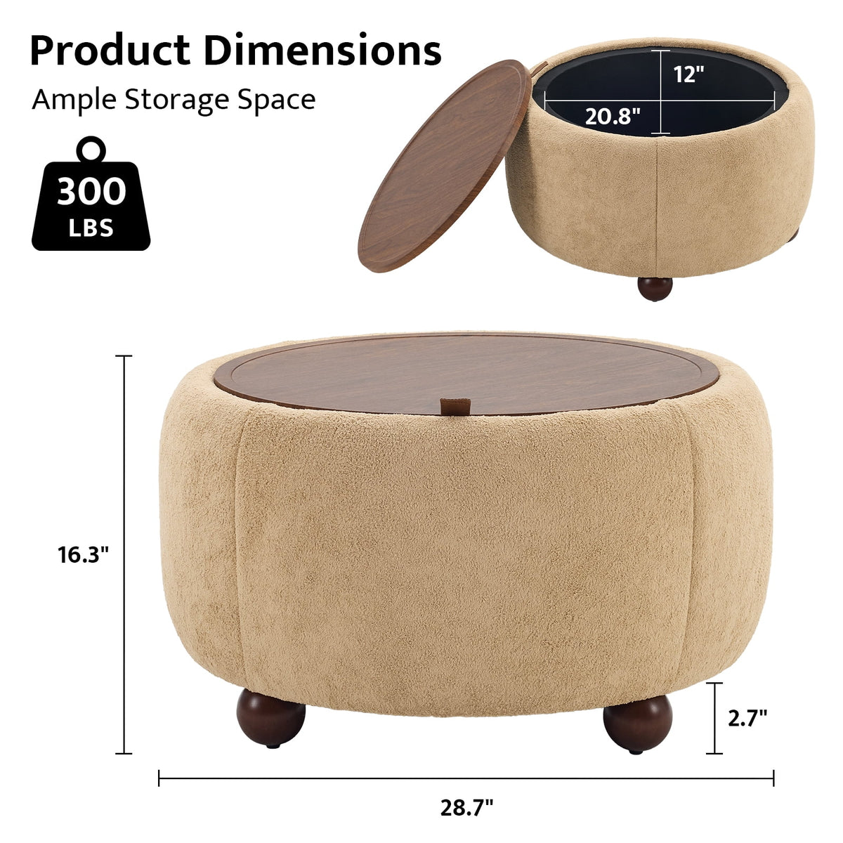 BRILHAMEZ Round Storage Ottoman with Reversible Wooden Tray, Modern Upholstered Footstool & Small Coffee Table with Hidden Compartment