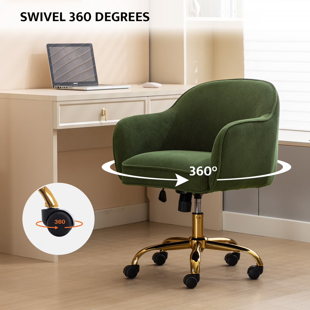JURANYAZHU Velvet Office Chair, Ergonomic Desk Chair with Adjustable Height, 360° Swivel, Padded Armrests for Home Office, Green