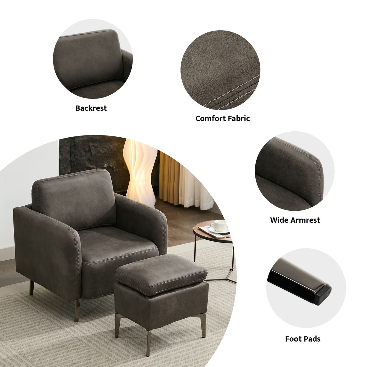 BRILHAMEZ Accent Chair with Ottoman Set, Faux Leather Single Armchair for Living Room Bedroom Reading Office,Gray