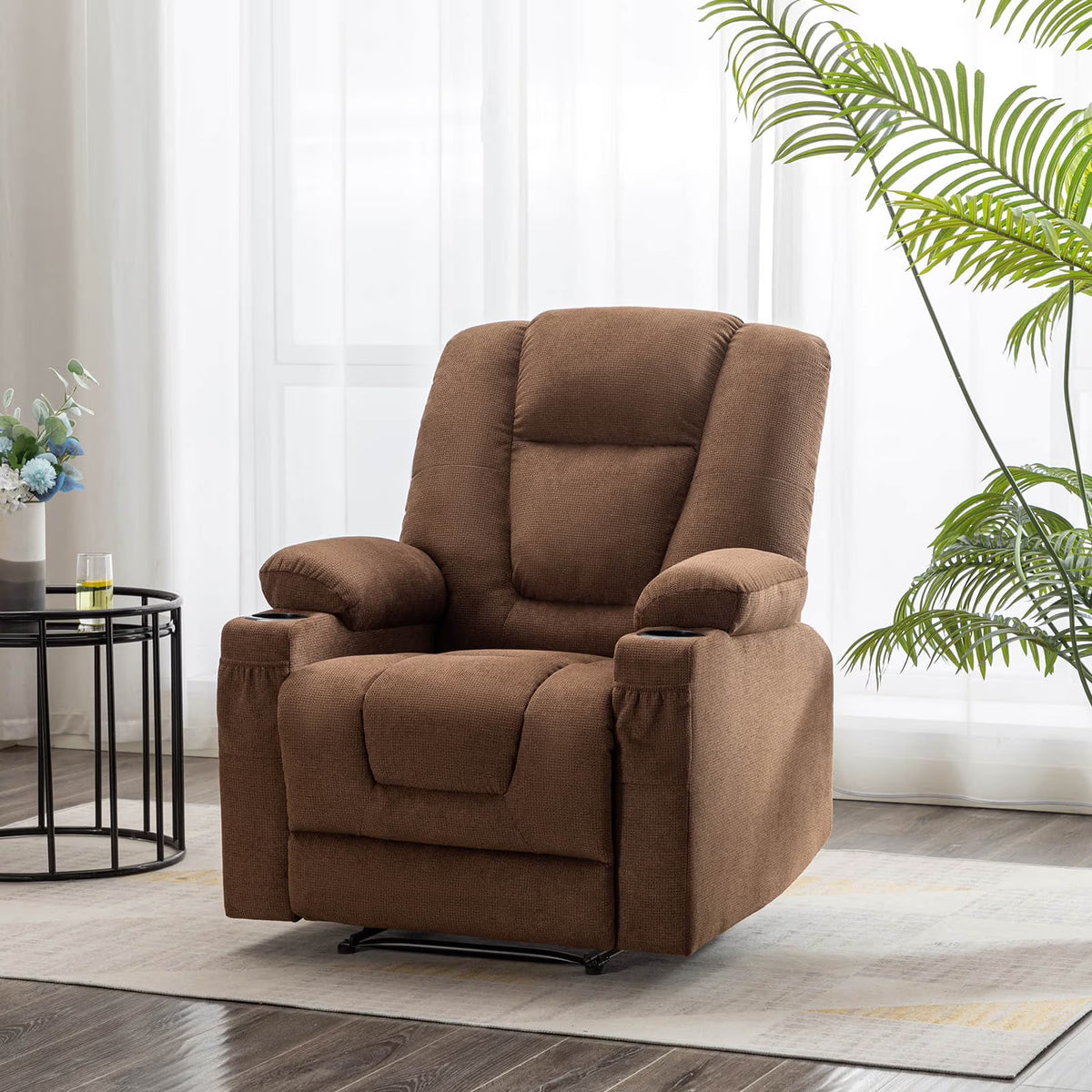 BRILHAMEZ Manual Recliner with Heating and Massage Functions Features Cup Holders and Side Storage Pockets Ideal for Bedrooms and Living Rooms Chenille Fabric for Soft Comfort,Brown