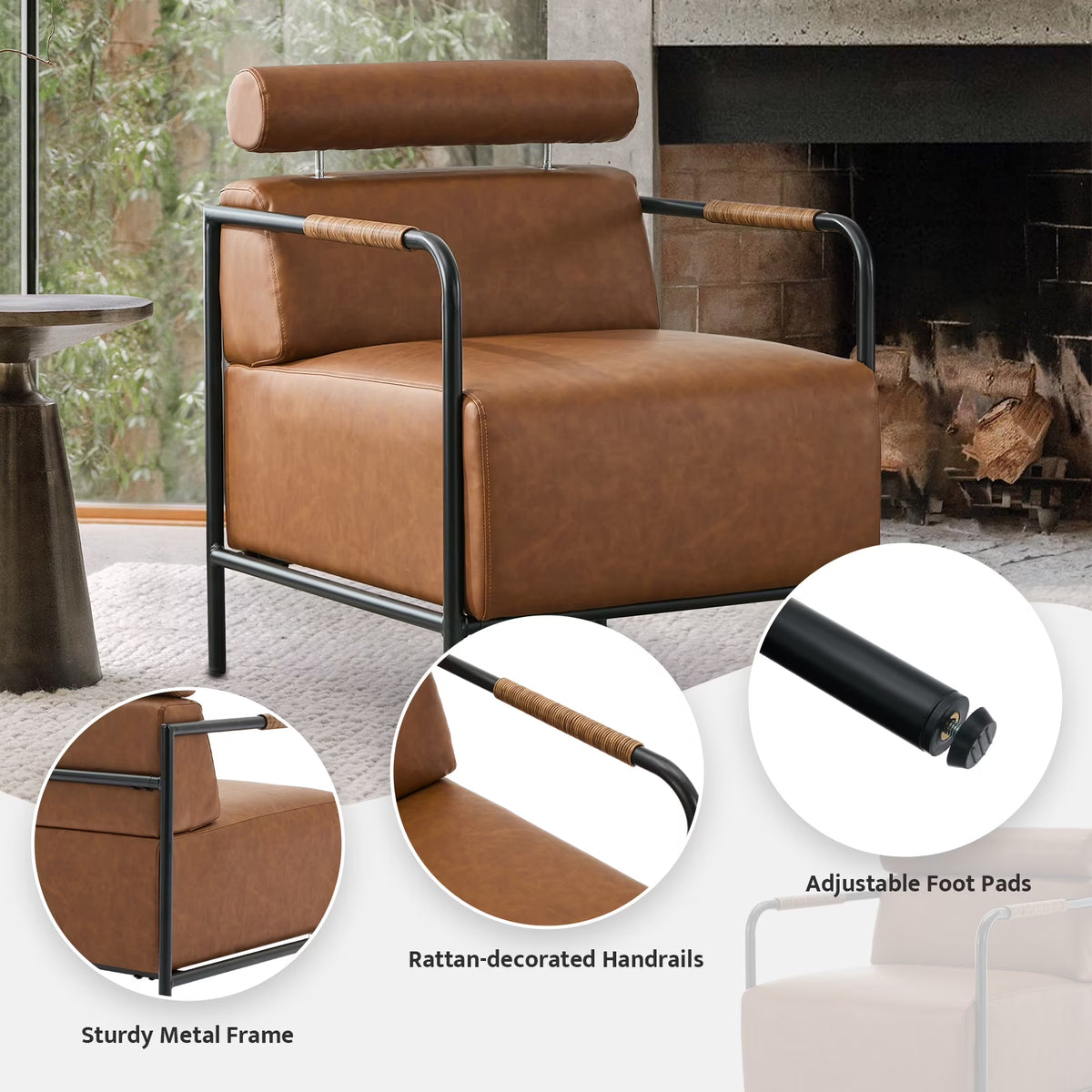 JURANYAZHU Modern Upholstered Accent Chair Metal Frame Armchair Leather Accent Chair,for Living Room, Bedroom,or Office,Brown