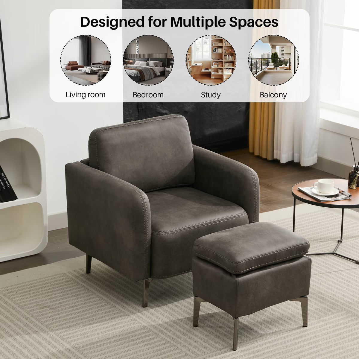 BRILHAMEZ Accent Chair with Ottoman Set, Faux Leather Single Armchair for Living Room Bedroom Reading Office,Gray
