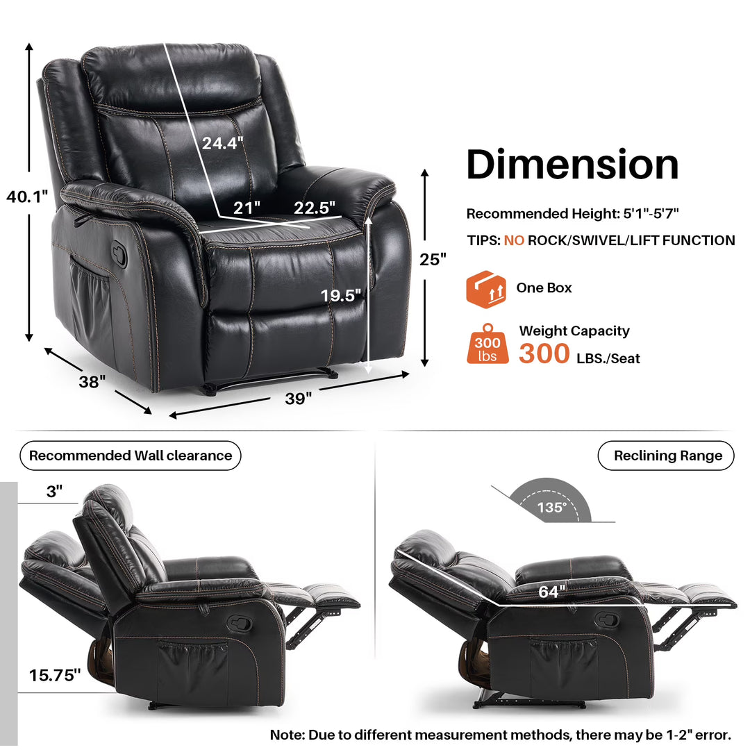 BRILHAMEZ 38 "Wide Manual Recliner, Adult Single Sofawith Heating and Massage, Leatherette Fabric, Suitable for Living Room and Bedroom,Gray