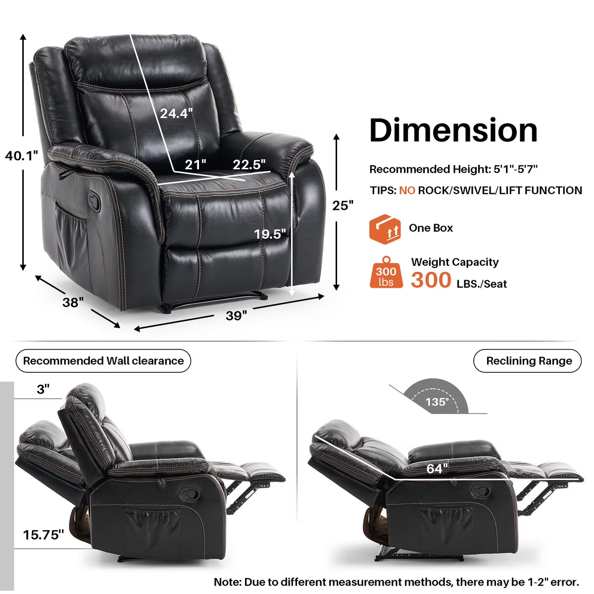 BRILHAMEZ 38 "Wide Manual Recliner, Adult Single Sofawith Heating and Massage, Leatherette Fabric, Suitable for Living Room and Bedroom,Gray