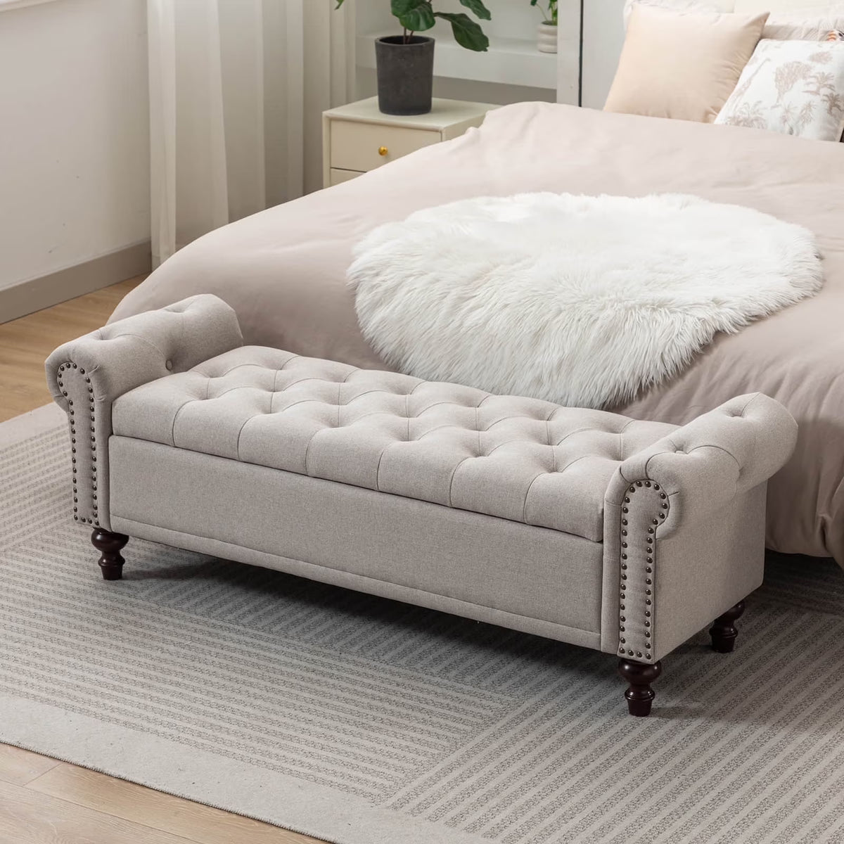 BRILHAMEZ 58" Button Tufted Storage Bench with Rolled Arms, Linen Upholstered Ottoman with Nailhead Trim for End of Bed