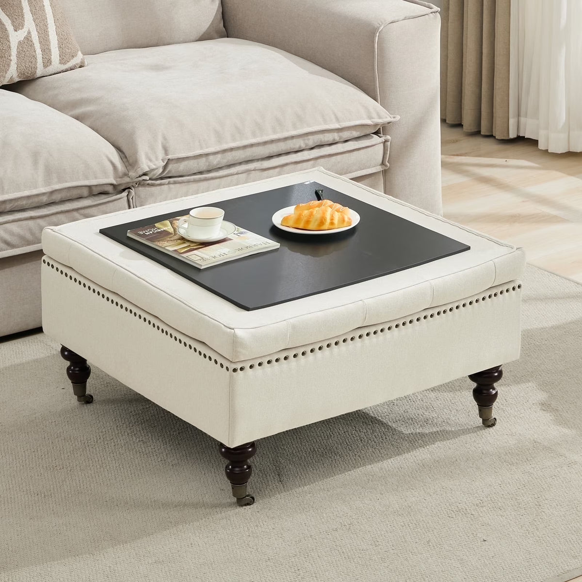 BRILHAMEZ Storage Ottoman Bench, Tufted Upholstered Seat with Hidden Storage, Multi-Functional Coffee Table and Foot Rest for Living Room, Gray