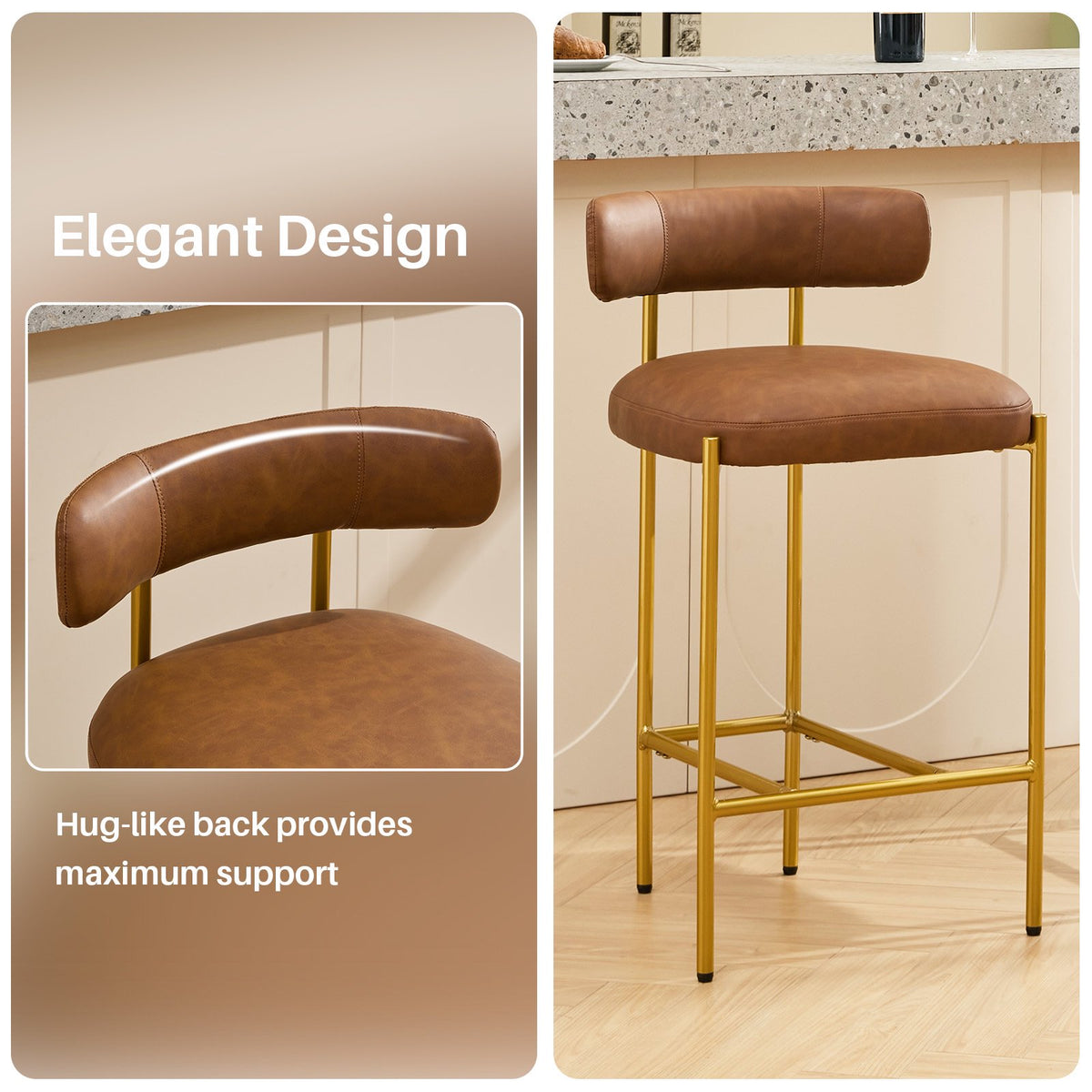 BRILHAMEZ Bar Stools Set of 2 with Backrest and Footrest Modern Gold Metal Frame Bar Stools for Kitchen Counter Bars and Cafes,Beige