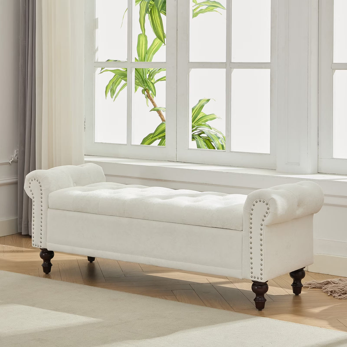 BRILHAMEZ 58" Button Tufted Storage Bench with Rolled Arms, Linen Upholstered Ottoman with Nailhead Trim for End of Bed