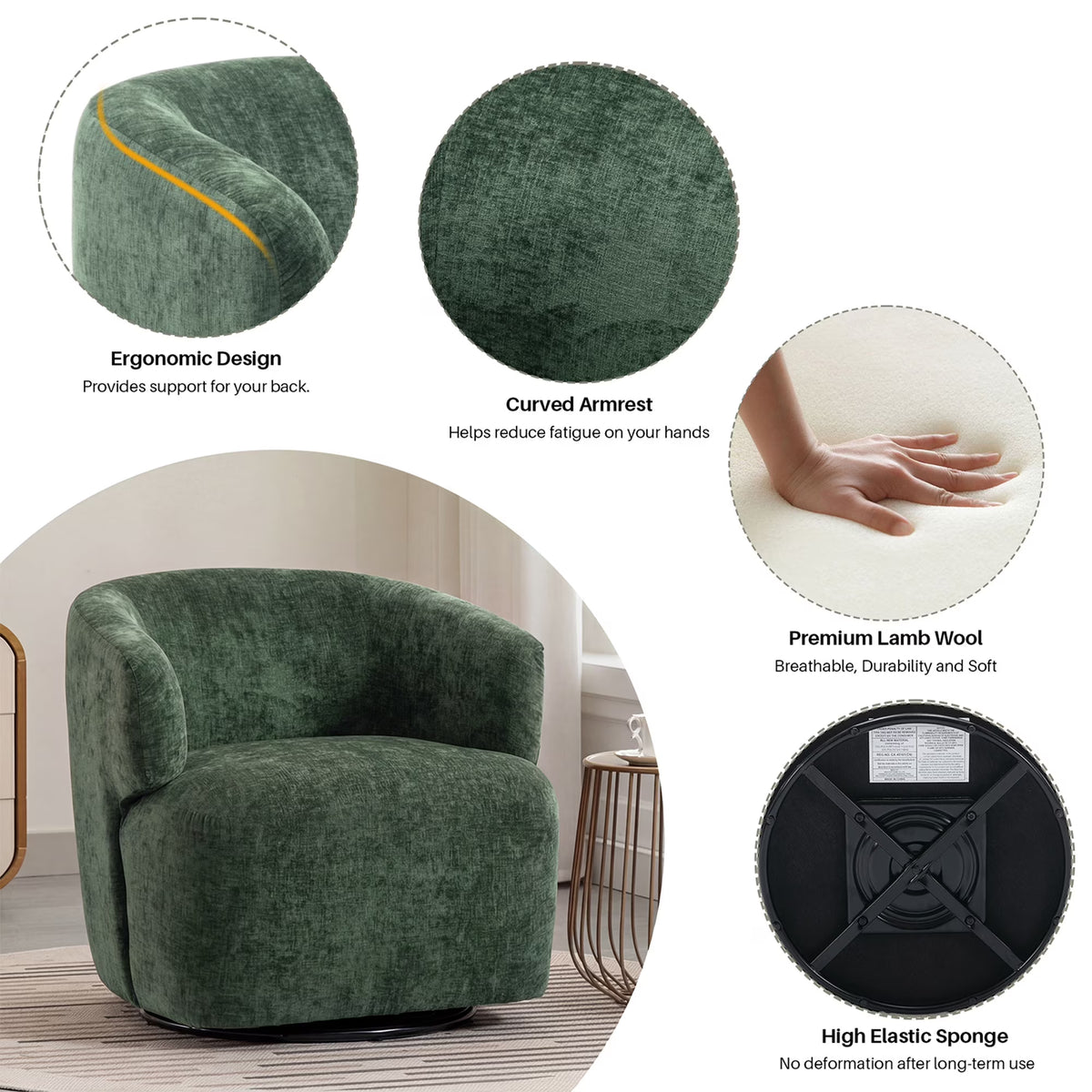 BRILHAMEZ Modern 30" Swivel Barrel Chair, Premium Chenille Fabric Round Accent Chair Comfy Club Lounge Armchair for Living Room Bedroom Office