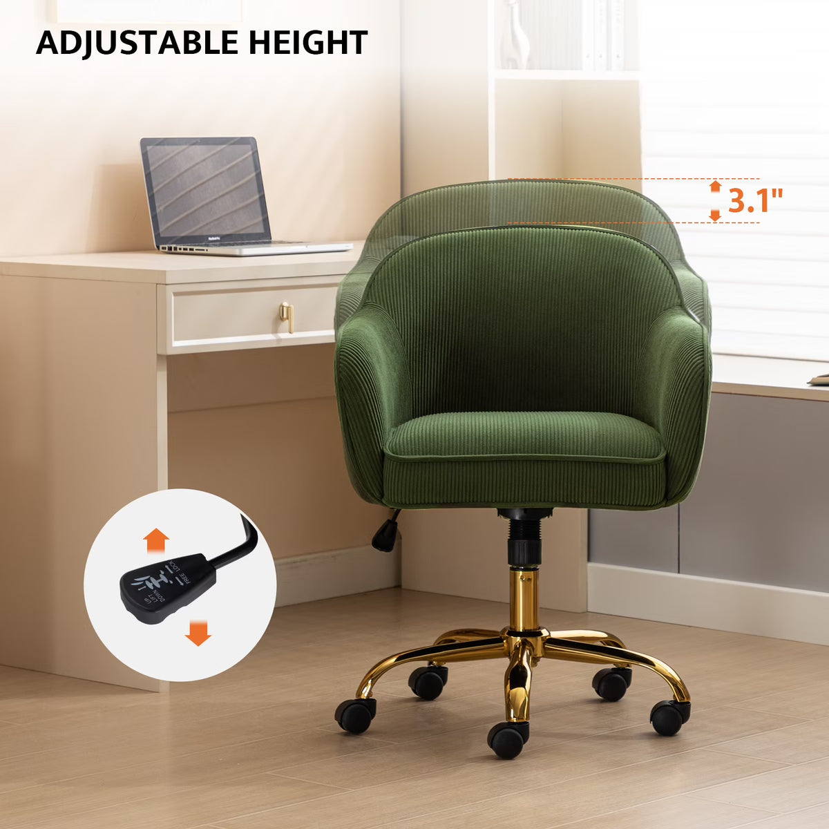 JURANYAZHU Velvet Office Chair, Ergonomic Desk Chair with Adjustable Height, 360° Swivel, Padded Armrests for Home Office, Green