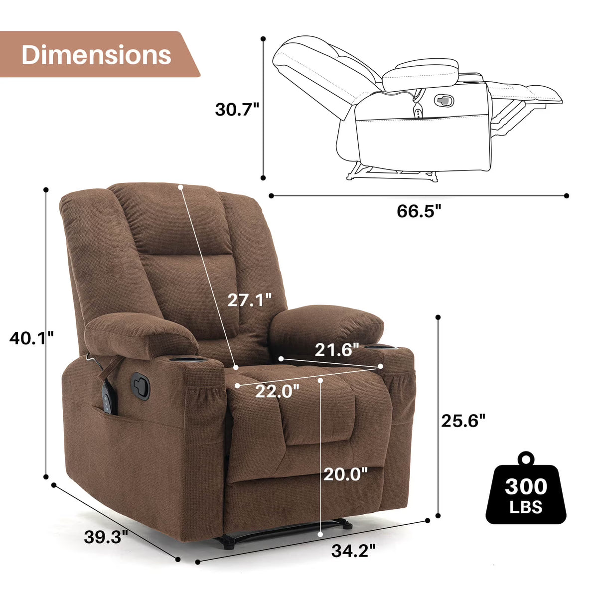 BRILHAMEZ Manual Recliner with Heating and Massage Functions Features Cup Holders and Side Storage Pockets Ideal for Bedrooms and Living Rooms Chenille Fabric for Soft Comfort,Brown