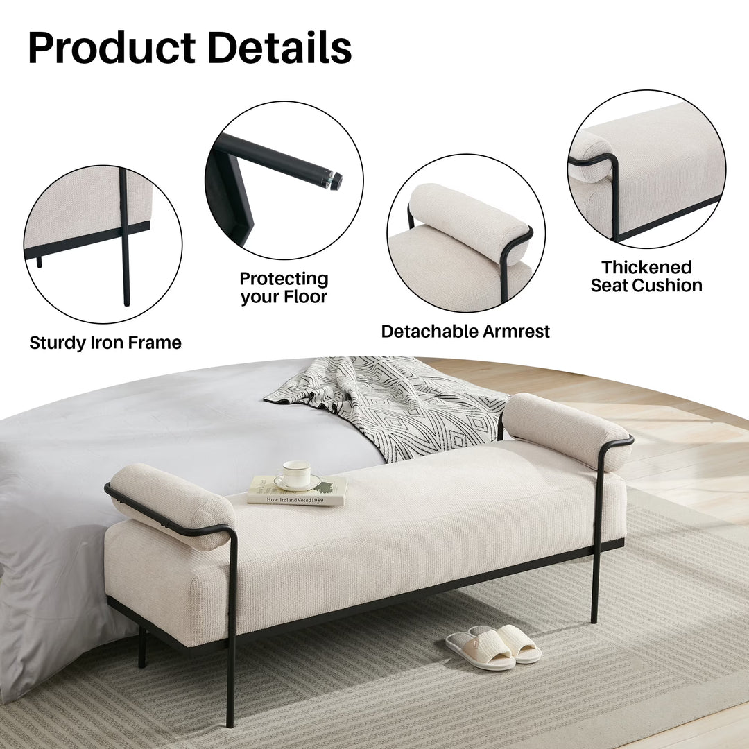 BRILHAMEZ 61"Upholstered Bench Chenille End of Bed Bench Metal Frame Porch Bench for Bedroom Living Room Hallway,Beige