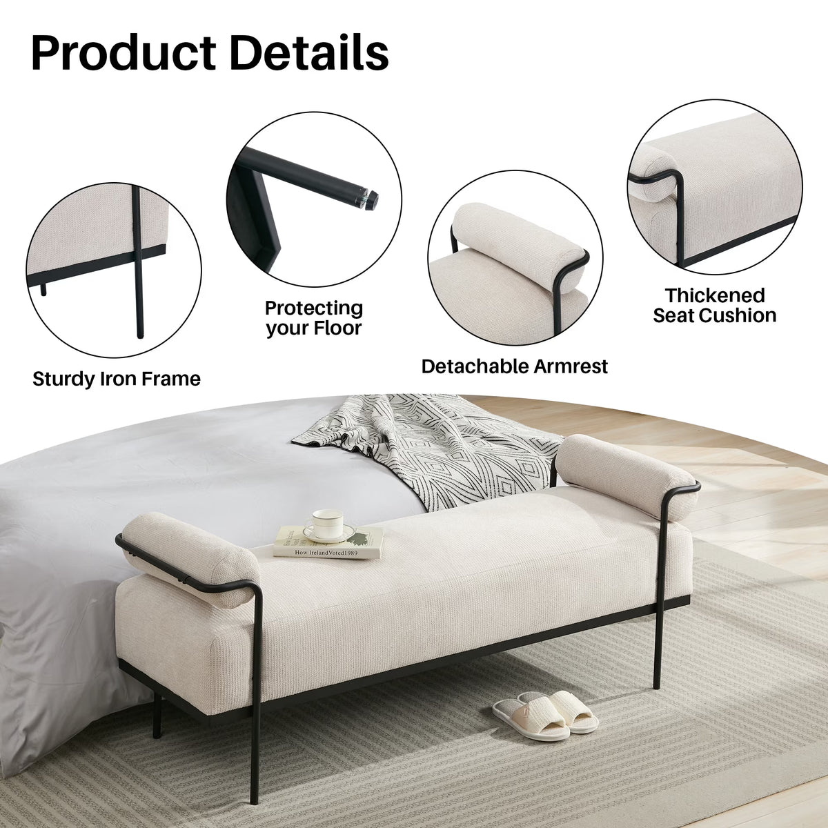 BRILHAMEZ 61" Long Upholstered End of Bed Bench, Modern Chenille Entryway Shoe Bench with Black Metal Legs for Bedroom and Living Room